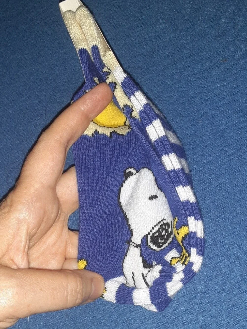 Peanuts Purple Crew Socks with White Stripes and Yellow Woodstock